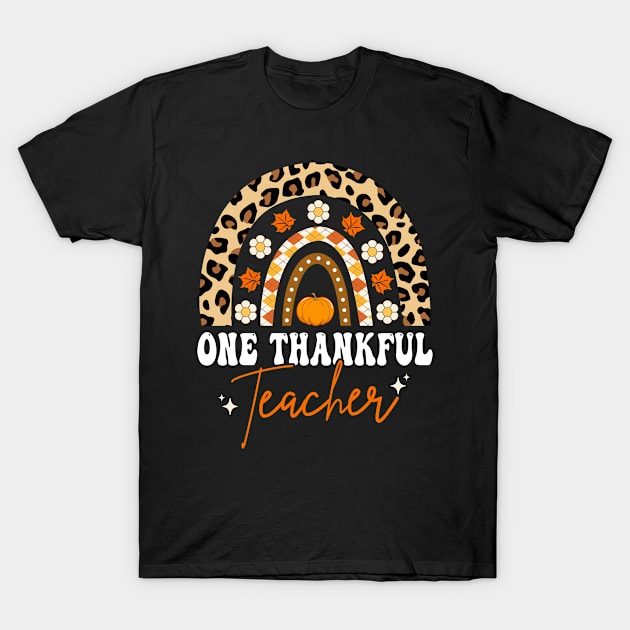 One Thankful Teacher Thanksgiving Retro Groovy Rainbow Fall T-Shirt by Az-Style